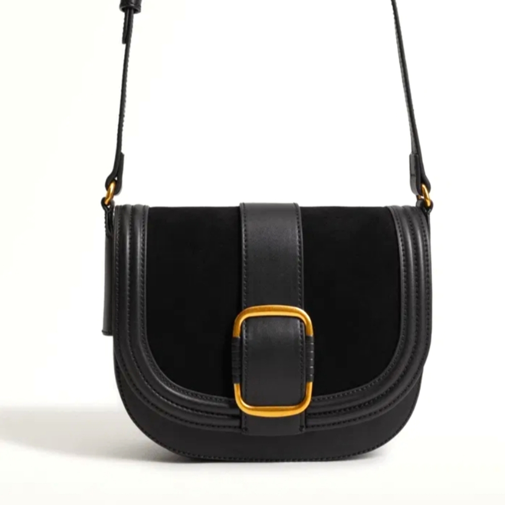 Mango Black Crossbody Bag with Gold Buckle